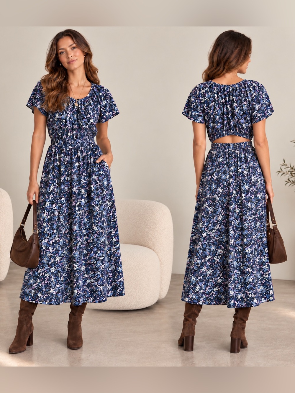 Marine Layer Charlotte Midi Dress M Faded Blue Floral TENCEL NWT $148